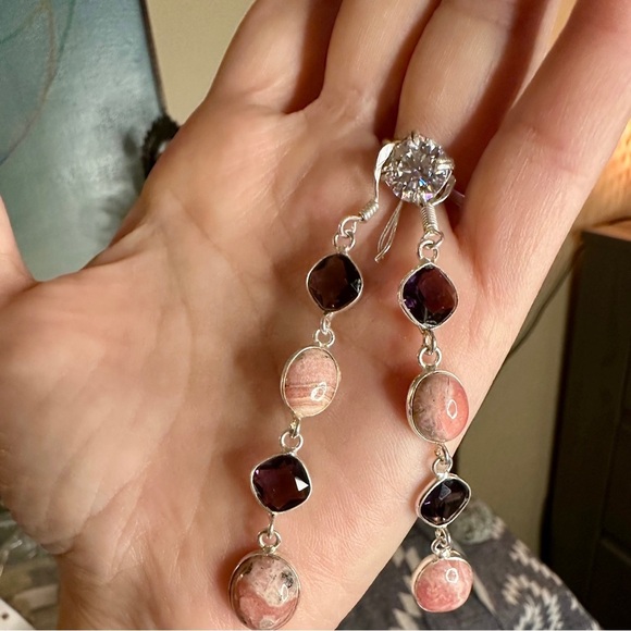 Handmade Amethyst and Rhodochrosite Dangle Earrings S925 Sterling Silver - Picture 8 of 10